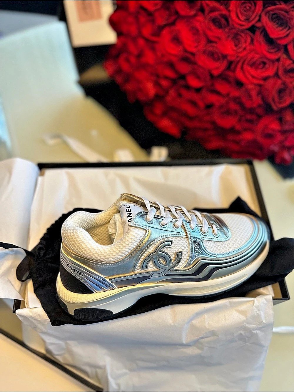 CHANEL CC Logo Sneaker White Silver Blue & White Sneakers